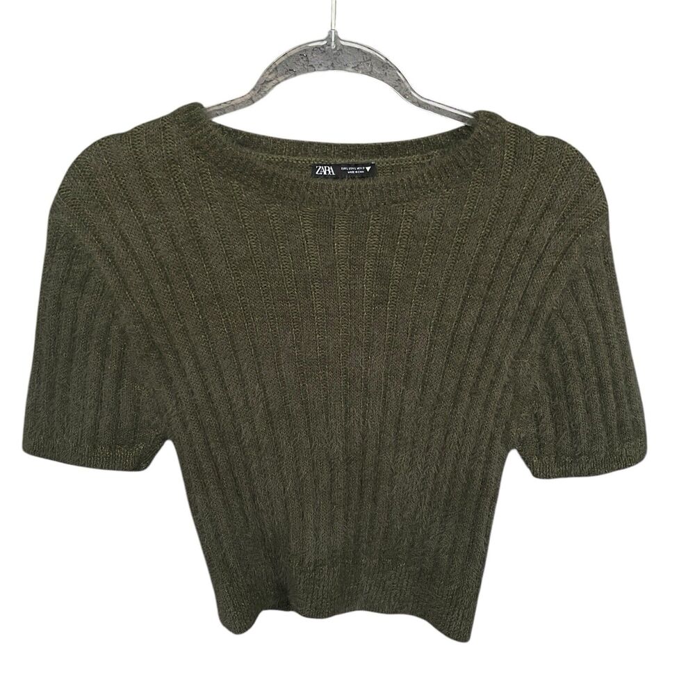 Zara Eyelash Cropped Sweater‎ Womens Large Green Super Soft Minimalist Neutral